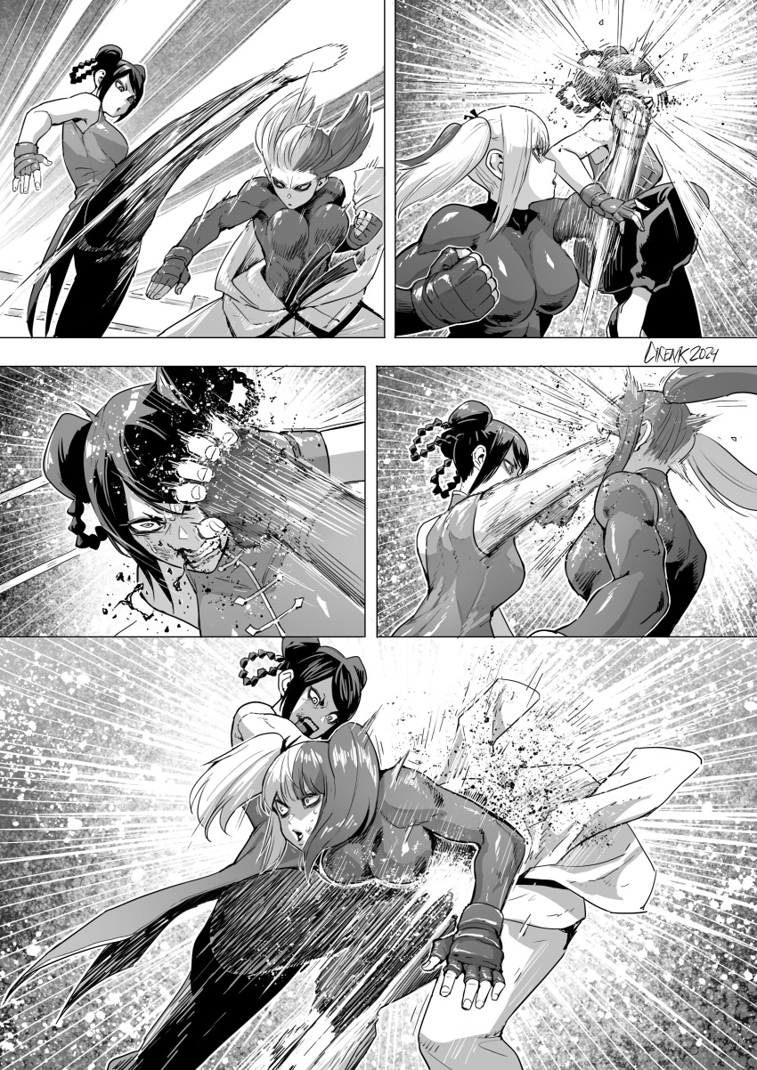 2girls absurdres angry artist_name black_hair black_pants blood blood_on_face breasts china_dress chinese_clothes cirenk commentary dougi dress elbow_strike english_commentary face_punch fighting fingerless_gloves gloves greyscale hair_bun highres in_the_face isshou_senkin kicking medium_breasts mma_gloves monochrome motion_lines multicolored_hair multiple_girls pants punching sleeveless speed_lines twintails two-tone_hair yukihira_sara yuzuha_lee