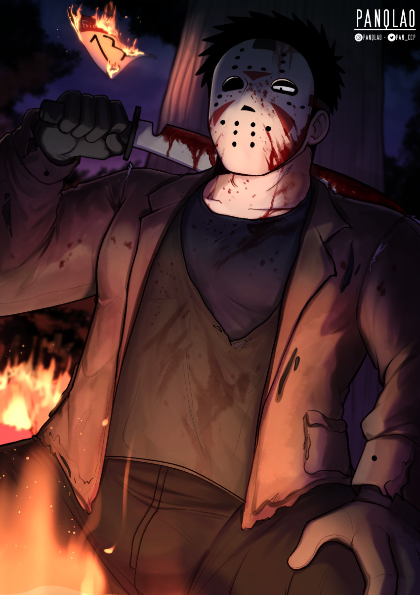 1boy absurdres blood blood_on_mask blood_on_weapon cosplay fire friday_the_13th gloves highres hockey_mask holding jacket jason_voorhees jason_voorhees_(cosplay) machete male_focus mask mask_over_one_eye page-a-day_calendar panqlao senpai_ga_uzai_kouhai_no_hanashi shirt short_hair solo takeda_harumi_(shiromanta) torn_clothes torn_jacket weapon