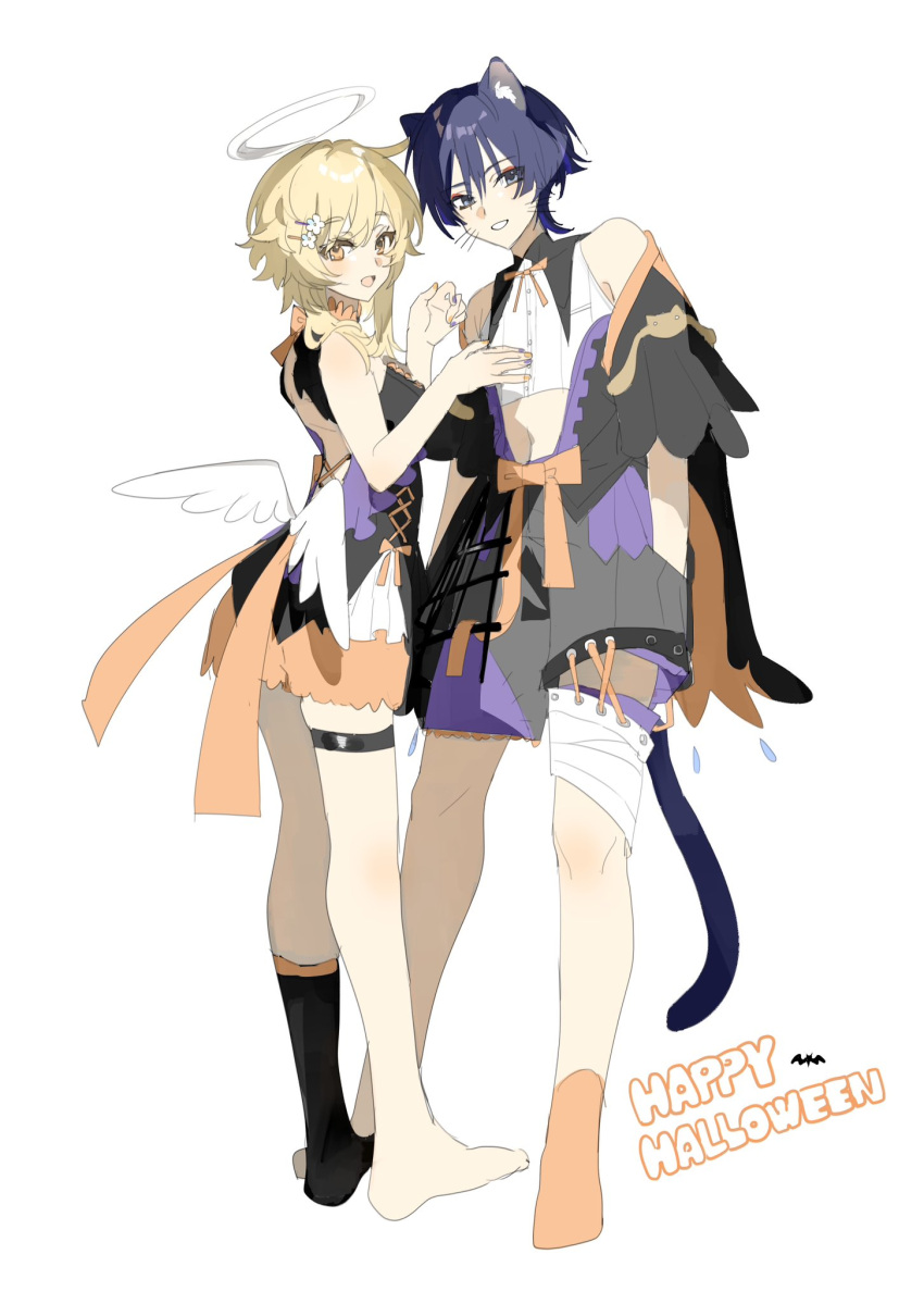 1boy alternate_costume animal_ears armpit_crease arms_at_sides back_cutout bandaged_leg bandages bat_(animal) black_cape black_collar black_dress black_eyes black_hair black_sleeves black_socks blonde_hair bloomers blunt_ends blush bow bowtie cape cat_ears cat_tail clothing_cutout collar cropped_shirt cross-laced_clothes cross-laced_dress cross-laced_shorts curled_fingers dress eyeliner eyeshadow feathered_wings female floating_hair_ornament flower frilled_shorts frills fringe_trim genshin_impact grey_pants guimpe hair_flower hair_ornament hairclip halloween halloween_costume halo hand_in_pocket hand_on_another's_chest happy_halloween highres looking_at_viewer low_wings lumine_(genshin_impact) makeup mamumamu115353 navel off_shoulder open_hand open_mouth orange_bloomers orange_bow orange_bowtie orange_cape orange_socks orange_trim pants red_eyeliner red_eyeshadow scaramouche_(genshin_impact) shirt short_hair short_hair_with_long_locks short_sleeves shorts sidelocks single_bare_foot single_sock sleeveless sleeveless_dress socks stitched_pants tail thigh_strap two-sided_cape two-sided_fabric whiskers white_background white_halo white_mouth white_shirt white_wings wings yellow_bow yellow_eyes