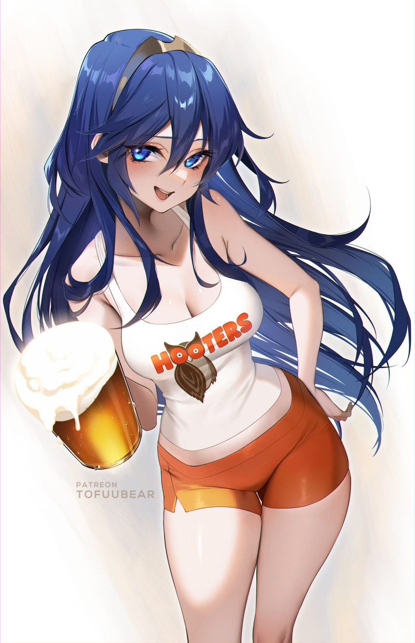 absurdres alternate_costume artist_name bare_shoulders beer_mug blue_eyes blue_hair brand_of_the_exalt breasts cleavage collarbone commentary commission cup dolphin_shorts english_commentary female fire_emblem fire_emblem_awakening hair_between_eyes highres hooters long_hair looking_at_viewer lucina_(fire_emblem) medium_breasts mug no_legwear open_mouth orange_shorts paid_reward_available patreon_username second-party_source short_shorts shorts sidelocks smile solo standing thighs tiara tofuubear variant_set waitress