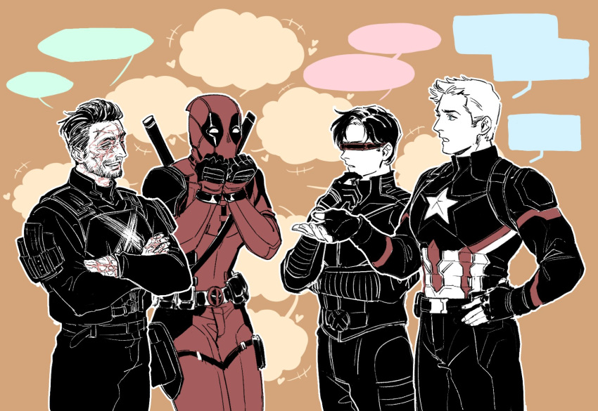 4boys belt blank_speech_bubble bodysuit captain_america captain_america:_civil_war captain_america_(series) crossbones_(marvel) crossed_arms cyclops_(x-men) deadpool deadpool_(series) facial_hair fingerless_gloves gloves hashtag-only_commentary heart highres katana looking_at_another male_focus marvel marvel_cinematic_universe multiple_boys muscular muscular_male pectorals perooooo240806 red_bodysuit red_mask scar scar_on_face short_hair smile speech_bubble star_(symbol) steve_rogers superhero_costume sword sword_on_back talking teeth weapon weapon_on_back x-men x-men_film_series