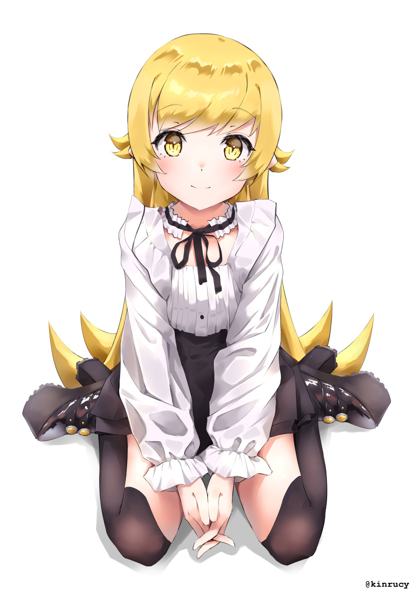 absurdres black_footwear black_skirt black_thighhighs blonde_hair blush breasts female highres kinrucy long_hair long_sleeves looking_at_viewer monogatari_(series) oshino_shinobu own_hands_together platform_footwear shirt simple_background sitting skirt small_breasts smile solo thighhighs wariza white_background white_shirt yellow_eyes