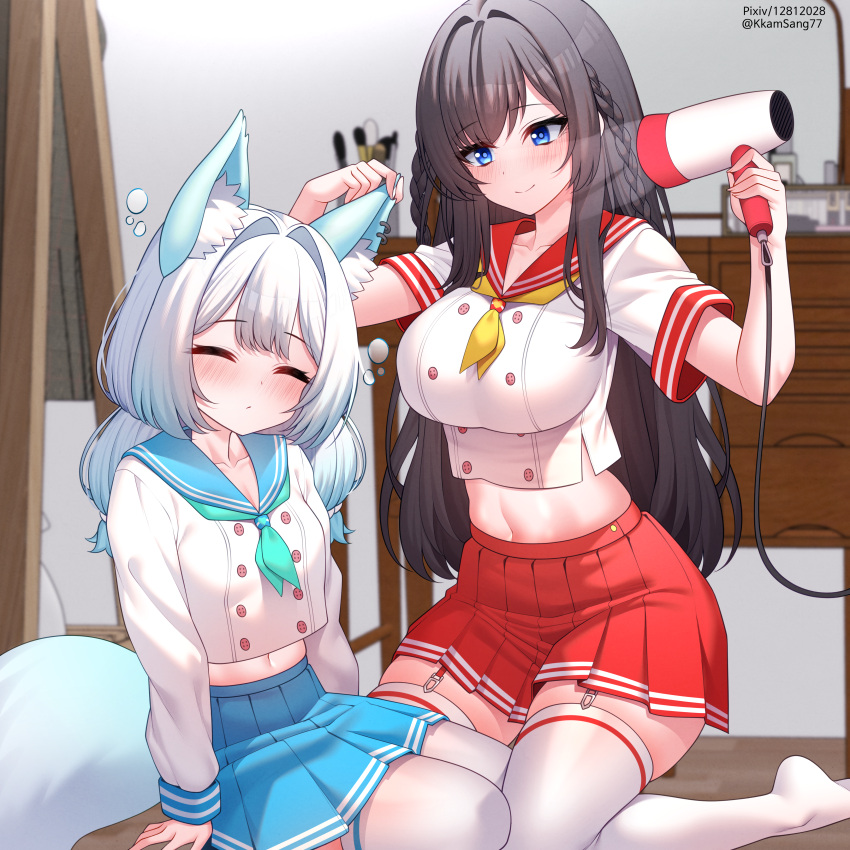 2girls absurdres animal_ear_fluff animal_ears aqua_neckerchief black_hair blue_eyes blue_sailor_collar braid breasts buttons closed_eyes closed_mouth commission crop_top double-breasted fox_ears fox_tail garter_straps gradient_hair hair_dryer highres impossible_clothes impossible_shirt kkam-sang kneeling large_breasts lochi's_character long_hair long_sleeves looking_at_another midriff miniskirt multicolored_hair multiple_girls navel neckerchief no_shoes original pleated_skirt red_sailor_collar red_skirt sailor_collar school_uniform serafuku shirt short_sleeves skirt smile stomach tail thighhighs white_hair white_shirt white_thighhighs yellow_neckerchief zettai_ryouiki