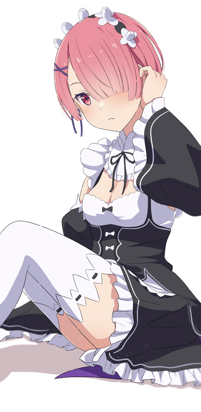 absurdres blush breasts camui1104 cleavage detached_collar detached_sleeves hair_ornament hair_over_one_eye highres knees_up looking_at_viewer maid maid_headdress medium_breasts pink_eyes pink_hair pink_ribbon purple_ribbon ram_(re:zero) re:zero_kara_hajimeru_isekai_seikatsu red_eyes ribbon ribbon-trimmed_clothes ribbon_trim roswaal_mansion_maid_uniform short_hair simple_background white_background x_hair_ornament