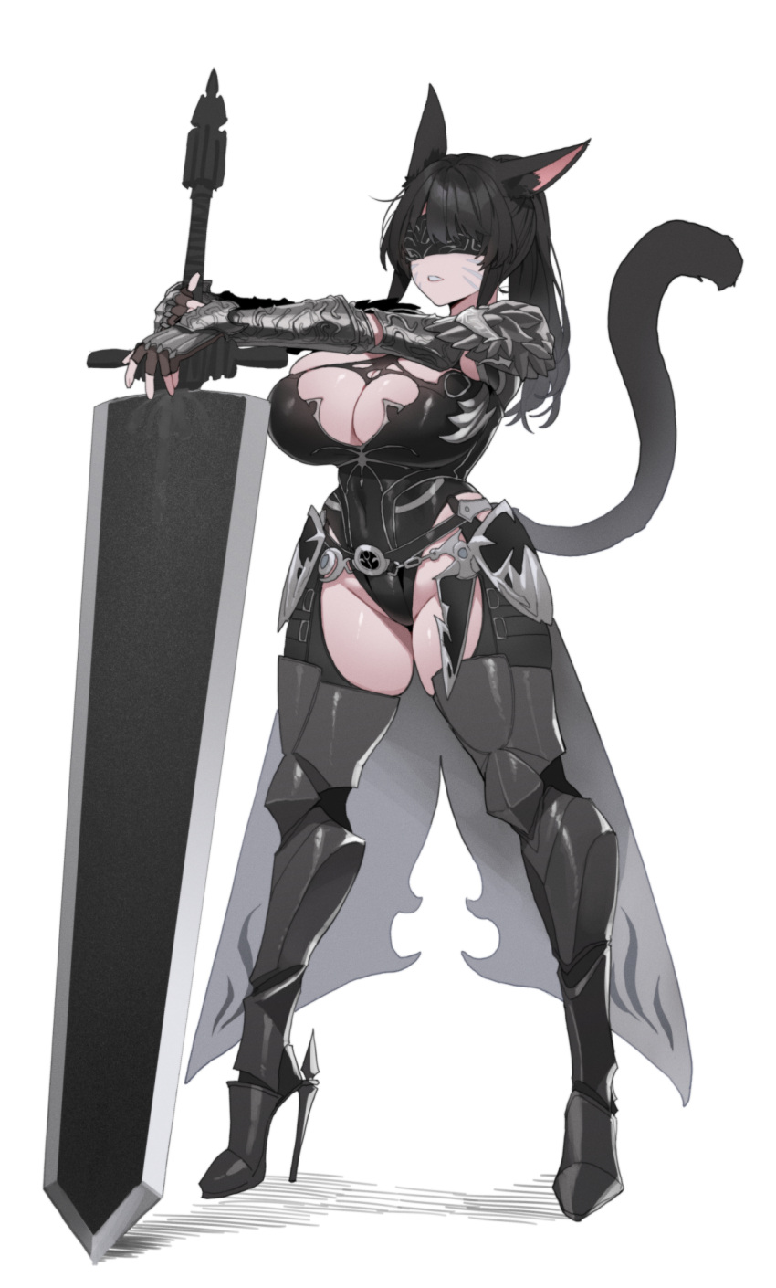 animal_ears armor black_blindfold black_footwear black_hair black_leotard blindfold breasts brown_gloves cat_ears cat_tail cleavage facial_mark female final_fantasy final_fantasy_xiv full_body gloves greatsword greaves groin high_heels highres huge_breasts huge_weapon leaning_on_weapon leotard medium_hair mimyo miqo'te open_mouth partially_fingerless_gloves ponytail shadow simple_background skin_tight skindentation solo stiletto_heels sword tail vambraces warrior_of_light_(ff14) weapon white_background