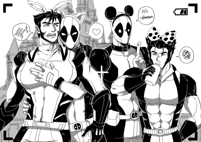 4boys animal_ears animification beard belt bodysuit can claws commentary_request company_connection deadpool deadpool_&_wolverine deadpool_(series) disney disneyland dual_persona english_text facial_hair fake_animal_ears gloves hand_on_another's_waist heart height_difference highres holding holding_can index_finger_raised large_pectorals looking_at_another male_focus marvel marvel_cinematic_universe mickey_mouse_ears minnie_mouse_ears monochrome multiple_boys muscular muscular_male pectoral_grab pectorals short_hair siyi1996 spoken_heart spoken_squiggle squiggle superhero_costume teeth utility_belt wolverine_(x-men) x-men yaoi