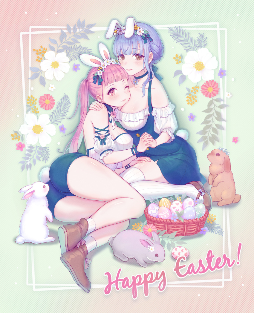 2girls absurdres alternate_costume animal_ears ass basket blue_hair bow breast_pillow breasts brown_eyes brown_footwear choker cleavage closed_mouth commentary_request detached_sleeves dress easter easter_egg egg fake_animal_ears fire_emblem fire_emblem:_three_houses floral_background flower flower_choker frilled_shirt frills green_bow hairbow hand_on_another's_shoulder happy_easter head_wreath highres hilda_valentine_goneril holding_hands large_breasts long_hair marianne_von_edmund mary_janes multiple_girls n2ewu off-shoulder_shirt off_shoulder one_eye_closed pink_eyes pink_hair pinstripe_pattern pinstripe_shirt pinstripe_socks pinstripe_thighhighs puffy_detached_sleeves puffy_short_sleeves puffy_sleeves rabbit rabbit_ears rabbit_tail shirt shoes short_dress short_sleeves sideboob sitting smile socks tail thighhighs twintails underbust white_shirt white_socks white_thighhighs