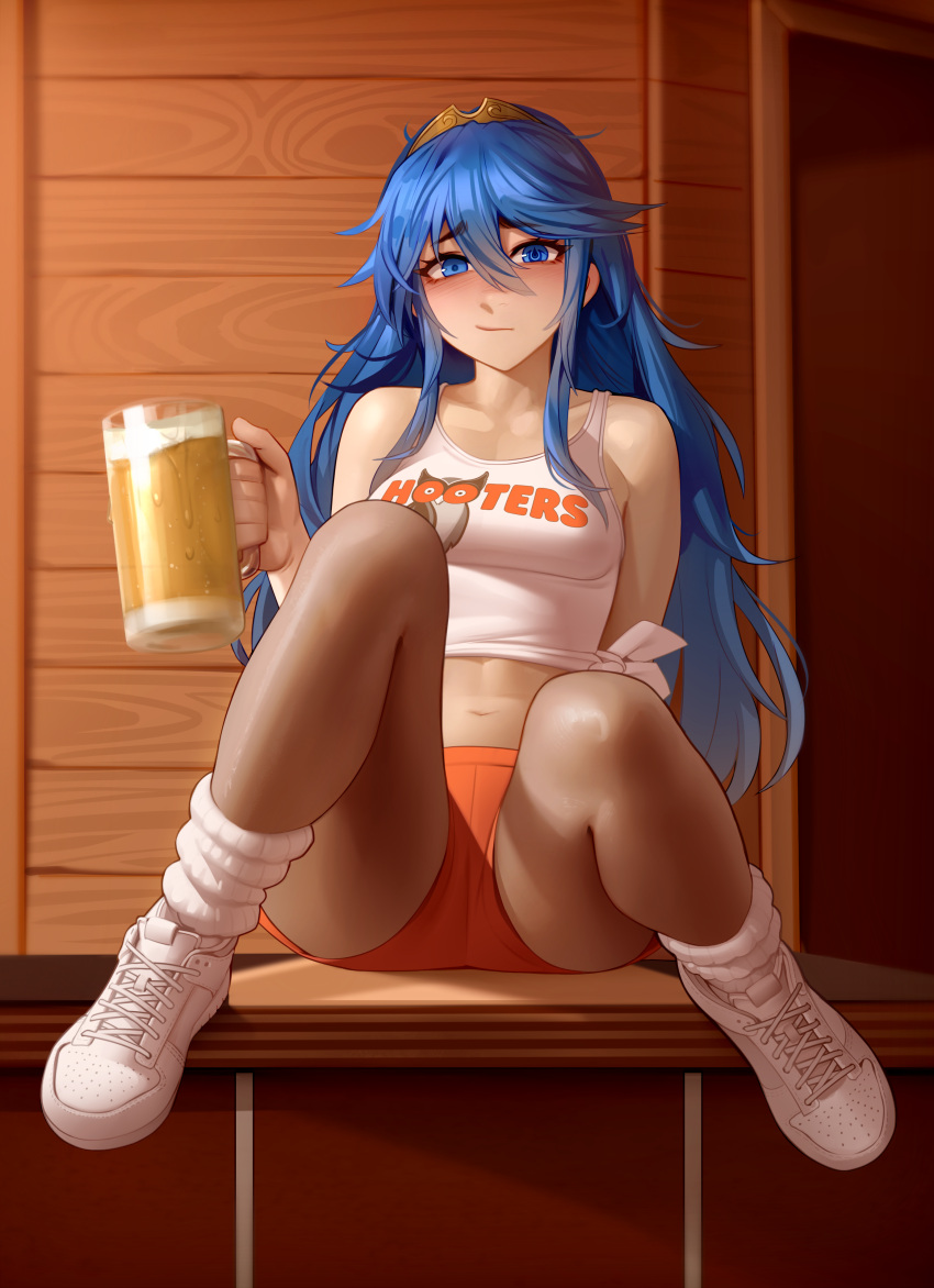 absurdres alcohol alternate_costume bare_legs beer beer_mug blue_eyes blue_hair blush breasts commission crop_top cup female fire_emblem fire_emblem_awakening full_body highres holding holding_cup hooters kairunoburogu knees_up legs long_hair looking_at_viewer lucina_(fire_emblem) micro_shorts mug orange_shorts pantyhose second-party_source shirt shorts sitting sleeveless sleeveless_shirt small_breasts socks solo symbol-shaped_pupils variant_set very_long_hair waitress white_footwear white_shirt white_socks