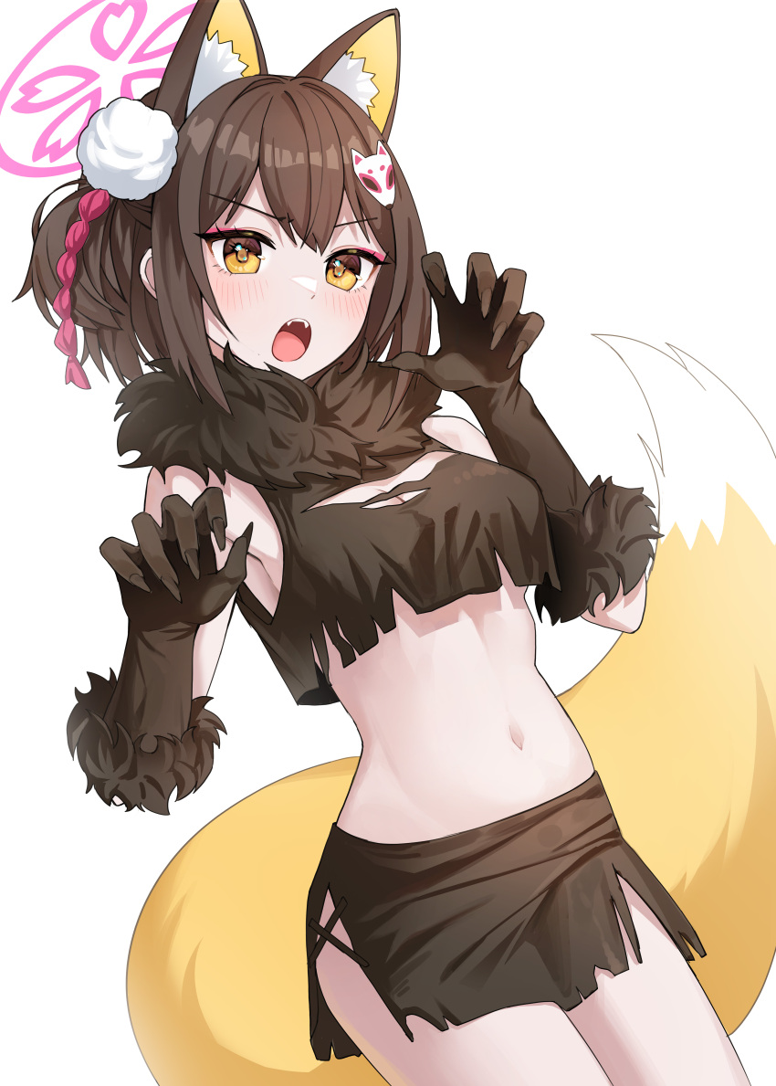 :o absurdres animal_ear_fluff animal_ears bare_shoulders black_gloves black_shirt black_skirt blue_archive blush breasts bright_pupils brown_hair claw_pose cleavage commentary cosplay cowboy_shot crop_top dutch_angle eyelashes eyeliner fangs female fingernails fox_ears fox_girl fox_mask fox_tail fur-trimmed_gloves fur-trimmed_shirt fur_trim gloves hair_between_eyes hair_ornament halloween halloween_costume halo hands_up highres izuna_(blue_archive) kazusa_(blue_archive) kazusa_(blue_archive)_(cosplay) kazusa_(halloween)_(blue_archive) looking_at_viewer makeup mask mask_on_head medium_breasts medium_hair midriff navel one_side_up open_mouth pink_halo pom_pom_(clothes) pom_pom_hair_ornament prock sharp_fingernails shirt simple_background skirt sleeveless sleeveless_shirt solo tail teeth tsurime upper_teeth_only v-shaped_eyebrows white_background yellow_eyes