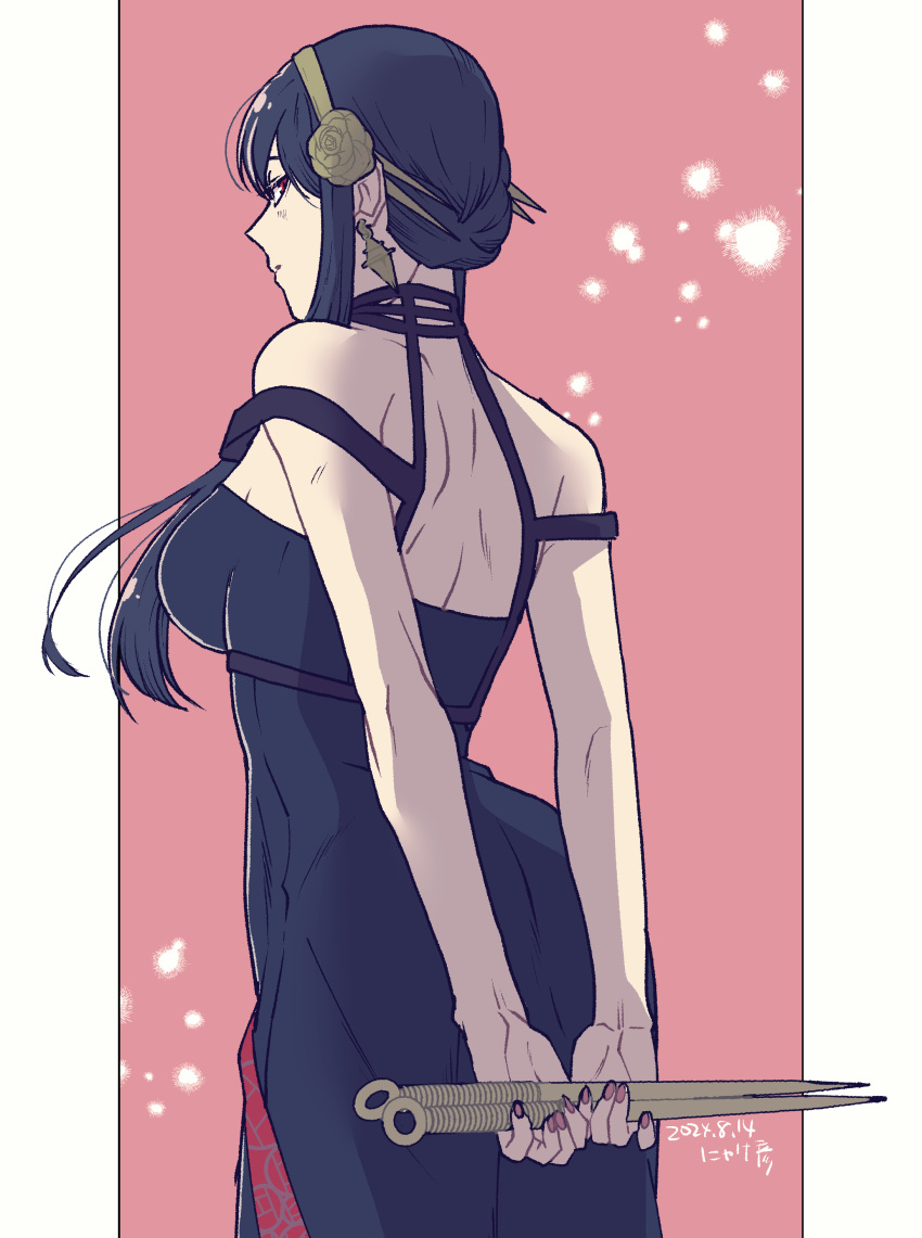 absurdres black_dress black_hair brown_hairband dagger dress earrings female from_behind hairband highres jewelry knife pink_nails solo spy_x_family stiletto_(weapon) takehide weapon yor_briar