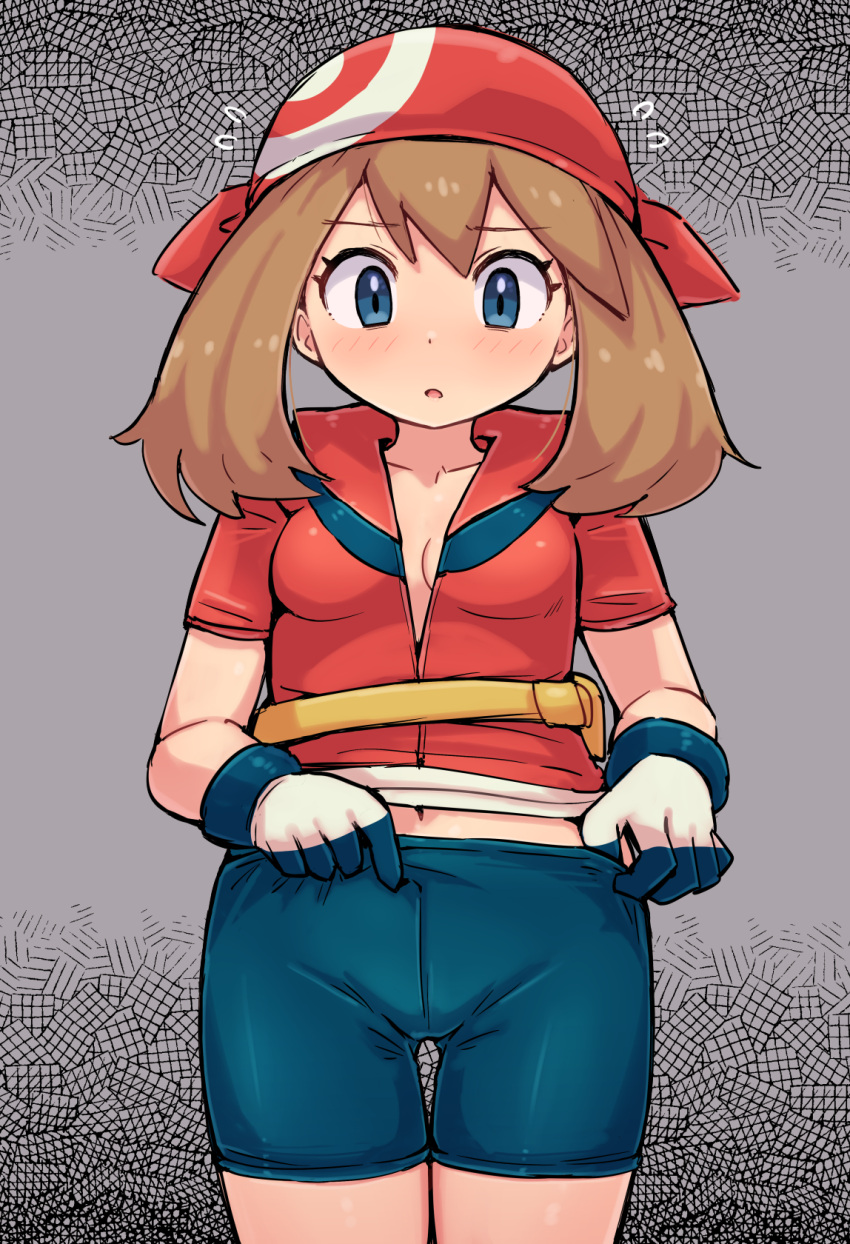 bandana bike_shorts blue_eyes blue_shorts blush breasts brown_hair collarbone commentary_request female flying_sweatdrops furrowed_brow gloves grey_background highres kutabireta_neko may_(pokemon) medium_breasts medium_hair midriff_peek navel open_mouth pokemon pokemon_(anime) pokemon_rse_(anime) red_bandana shorts solo standing white_gloves