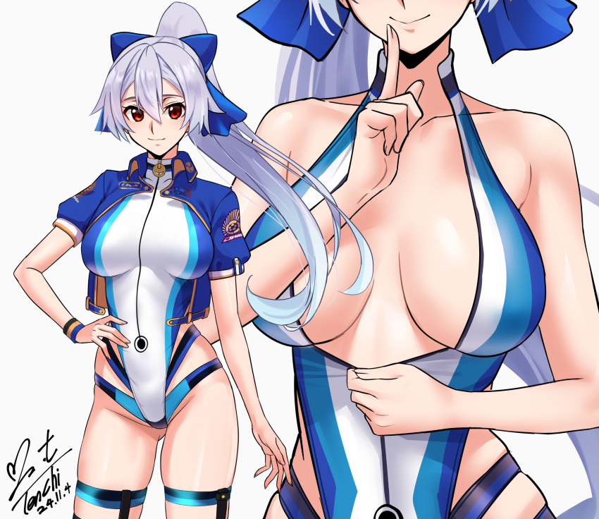 blue_jacket breasts commission competition_swimsuit dated fate/grand_order fate_(series) female front_zipper_swimsuit grey_hair hand_on_own_hip highres jacket large_breasts long_hair meme_attire one-piece_swimsuit partially_unzipped pixiv_commission ponytail red_eyes signature smile swimsuit tomoe_gozen_(fate) tomoe_gozen_(swimsuit_saber)_(fate) tomoe_gozen_(swimsuit_saber)_(first_ascension)_(fate) unzipping yoo_tenchi