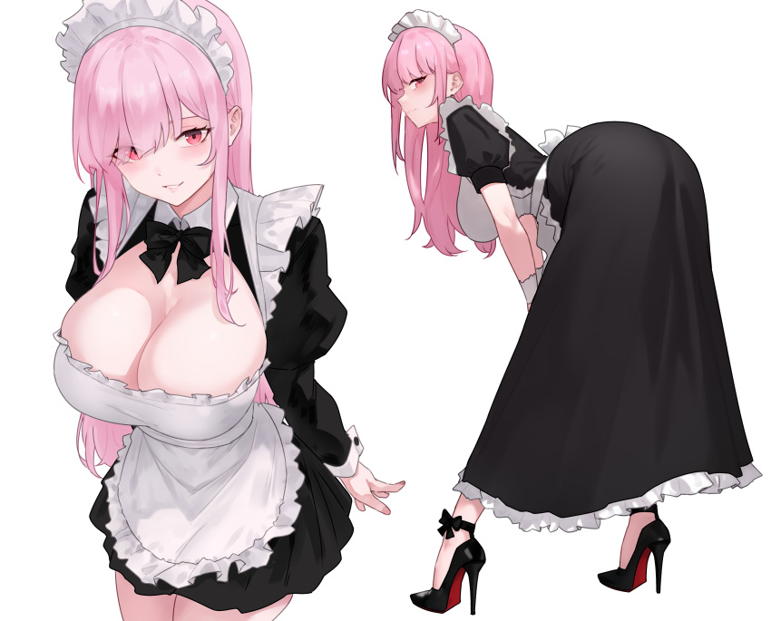 absurdres alternate_costume ankle_bow apron bent_over black_bow black_dress black_footwear bluefield blush bow breasts cleavage dress enmaided female grin high_heels highres hololive hololive_english huge_breasts long_dress long_hair long_sleeves looking_at_viewer maid maid_headdress mori_calliope multiple_views pink_eyes pink_hair pink_nails short_sleeves simple_background smile smirk solo_focus thighs virtual_youtuber white_apron white_background white_wrist_cuffs wrist_cuffs