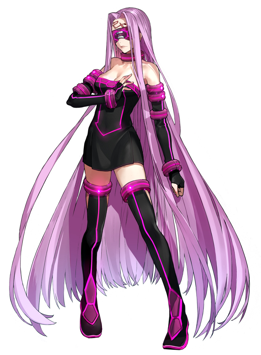 absurdly_long_hair absurdres arm_at_side bare_shoulders black_dress black_footwear black_sleeves blindfold boots breasts cleavage closed_mouth collar detached_sleeves dress facial_mark facing_viewer fate/extella fate/extra fate_(series) female forehead_mark full_body hand_up highres large_breasts light_frown long_hair medusa_(fate) medusa_(rider)_(fate) official_art purple_blindfold purple_collar purple_hair short_dress simple_background solo standing strapless strapless_dress thigh_boots transparent_background very_long_hair wada_arco