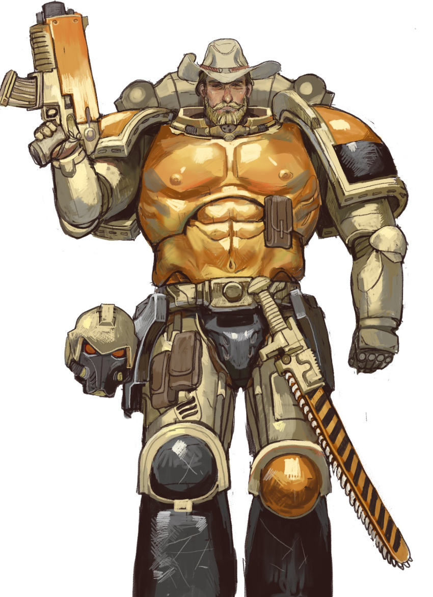 1boy adeptus_astartes armor beard blonde_hair bolter chainsword cowboy_hat crotchless crotchless_pants facial_hair full_armor hat highres male_focus mossacannibalis moustache muscle_cuirass orange_armor pants pauldrons photo-referenced power_armor shoulder_armor solo unworn_headwear warhammer_40k weapon white_background