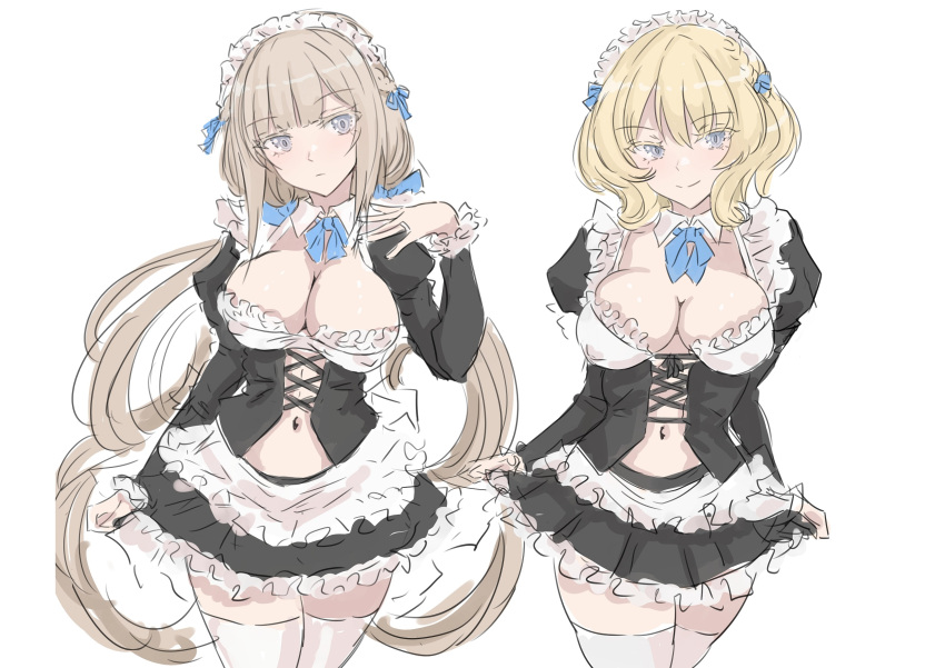 2girls apron blonde_hair blue_eyes breasts brown_hair choppy_bangs cleavage clothes_pull colorado_(kancolle) detached_collar head_tilt highres kantai_collection ken_(shutenndouji1) large_breasts maid maid_apron maid_headdress maryland_(kancolle) multiple_girls navel smile