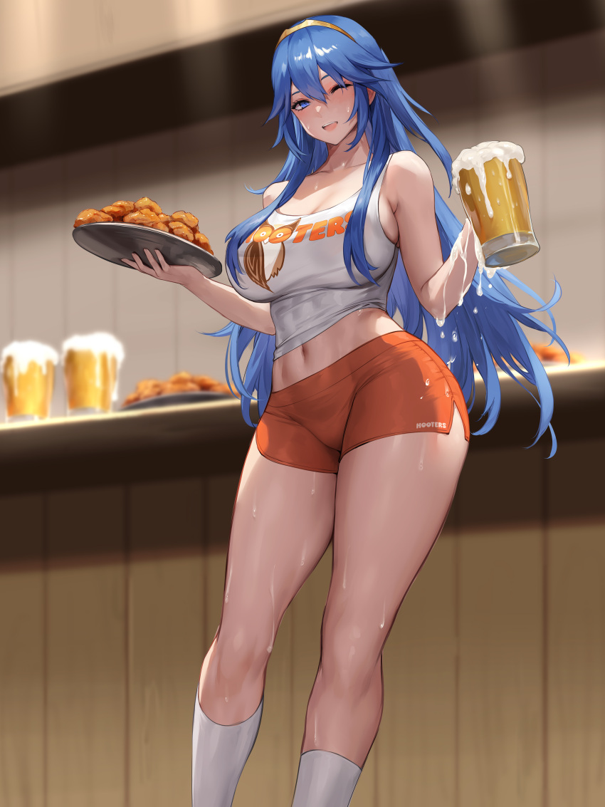 ;d absurdres alcohol alternate_breast_size beer beer_mug bikini blue_eyes blue_hair breasts chihunhentai cleavage cup employee_uniform english_commentary female fire_emblem fire_emblem_awakening food hairband highres holding holding_cup holding_plate hooters large_breasts large_variant_set long_hair looking_at_viewer lucina_(fire_emblem) mug navel one_eye_closed open_mouth orange_bikini orange_shorts plate second-party_source short_shorts shorts side-tie_bikini_bottom smile socks solo standing sweat swimsuit symbol-shaped_pupils tank_top thighs variant_set waitress white_socks yellow_hairband