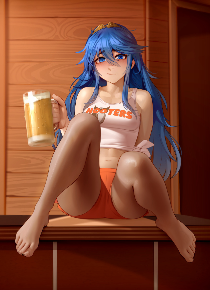 absurdres alcohol alternate_costume bare_legs barefoot beer beer_mug blue_eyes blue_hair blush breasts commission crop_top cup feet female fire_emblem fire_emblem_awakening full_body highres holding holding_cup hooters kairunoburogu knees_up legs long_hair looking_at_viewer lucina_(fire_emblem) micro_shorts mug orange_shorts second-party_source shirt shorts sitting sleeveless sleeveless_shirt small_breasts solo symbol-shaped_pupils toenails toes variant_set very_long_hair waitress white_shirt