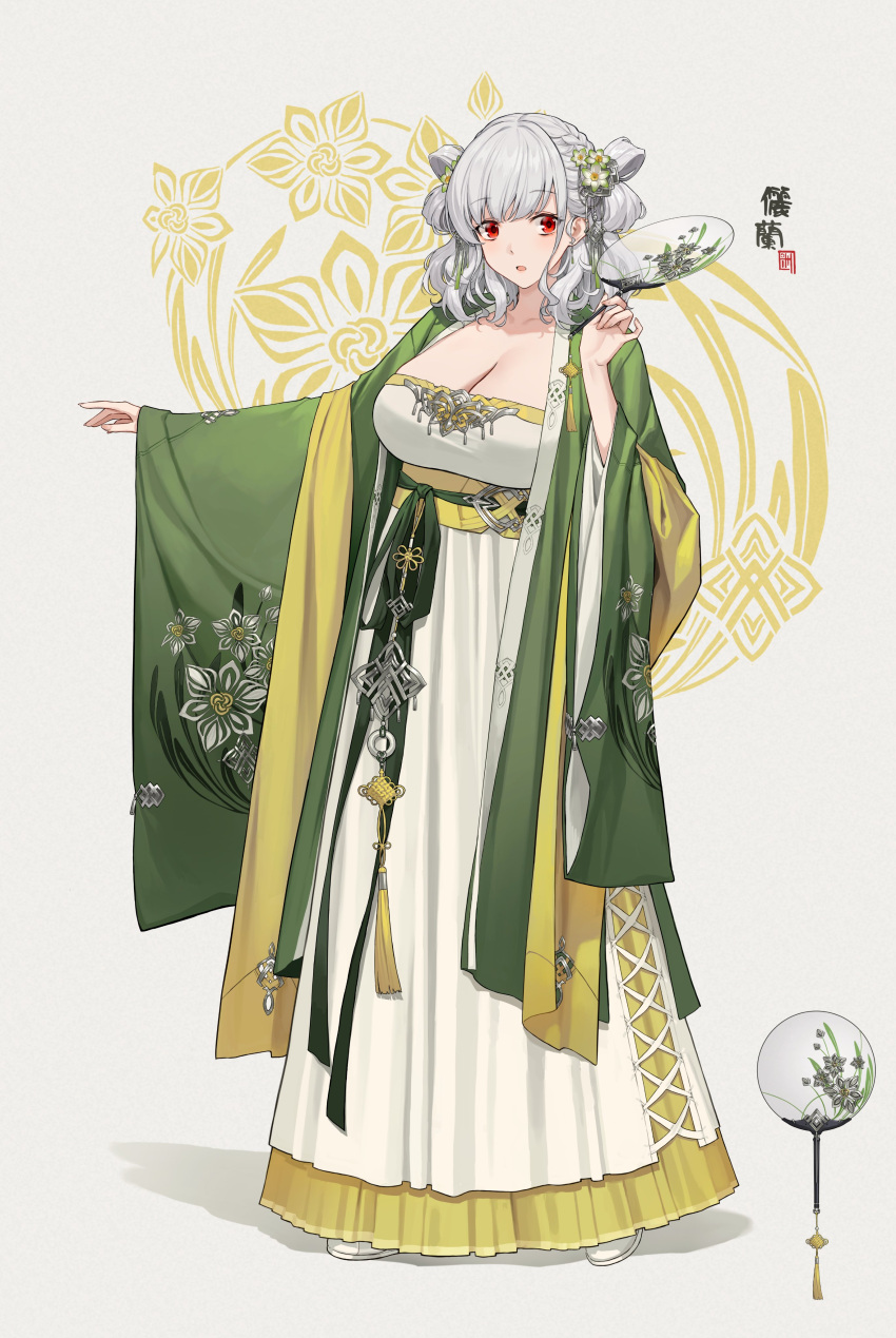 absurdres alternate_costume alternate_hairstyle breasts chinese_commentary cleavage commentary_request dress female flower full_body girls'_frontline green_jacket green_sash hair_flower hair_ornament hand_fan highres holding holding_fan jacket looking_at_viewer open_mouth paper_fan red_eyes sash simple_background skirt solo spas-12_(girls'_frontline) standing terras waist_sash white_dress white_footwear white_hair wide_sleeves yellow_skirt