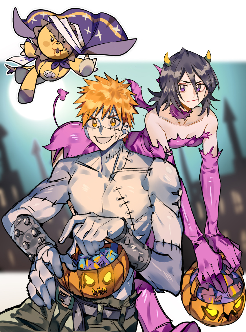 1boy absurdres bandages bear black_hair bleach candy cape dress elbow_gloves fake_wings female food gloves hair_between_eyes highres horns kon_(bleach) kuchiki_rukia kurosaki_ichigo orange_eyes orange_hair pumpkin purple_eyes purple_gloves smile spiked_hair stitched_face stitches strapless strapless_dress tail wings xi_luo_an_ya