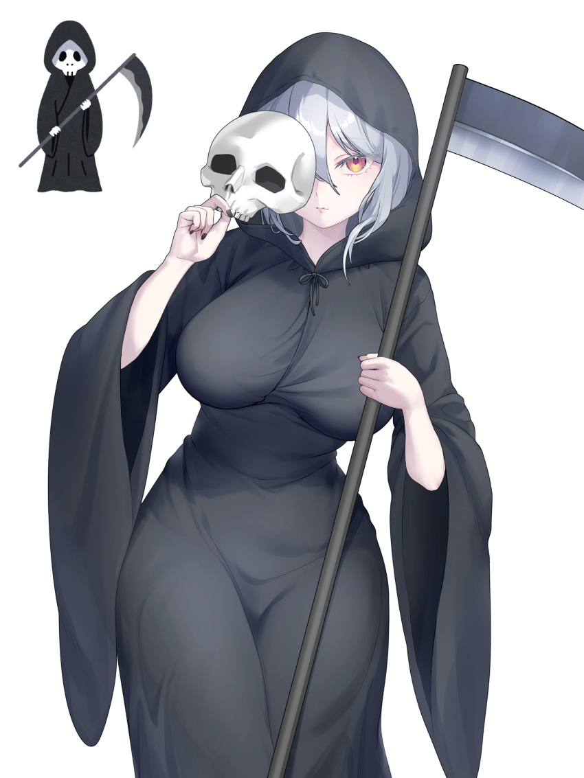 absurdres aesice black_robe breasts death_(entity) female grey_hair grim_reaper highres irasutoya irasutoya_challenge large_breasts looking_at_viewer mask original robe scythe simple_background skull_mask solo white_background