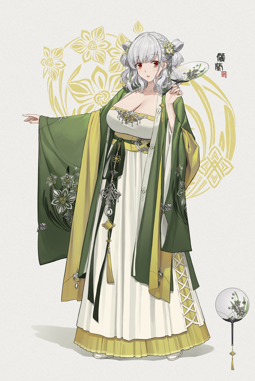 absurdres alternate_costume alternate_hairstyle breasts chinese_clothes chinese_commentary chinese_knot cleavage commentary_request dress female flower full_body girls'_frontline green_jacket green_sash hair_flower hair_ornament hand_fan hanfu highres holding holding_fan jacket looking_at_viewer open_mouth panchang_knot paper_fan red_eyes sash simple_background skirt solo spas-12_(girls'_frontline) standing terras waist_sash white_dress white_footwear white_hair wide_sleeves yaopei yellow_skirt