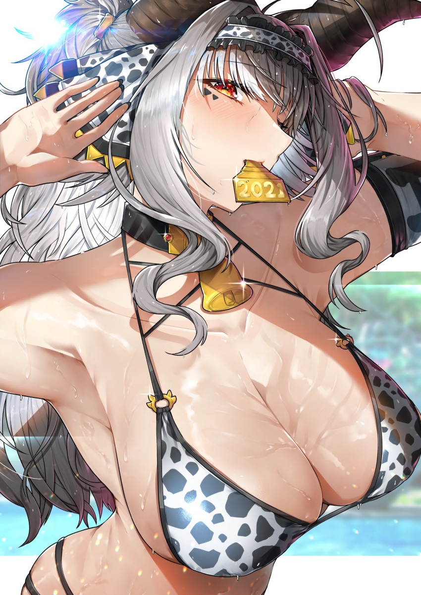 2021 animal_print bell bikini breasts chinese_zodiac cow_print cowbell female grey_hair hairband highres horns large_breasts long_hair looking_at_viewer mouth_hold neshia_(tsaqif0309) orange_eyes original solo string_bikini swimsuit wet white_hair year_of_the_ox