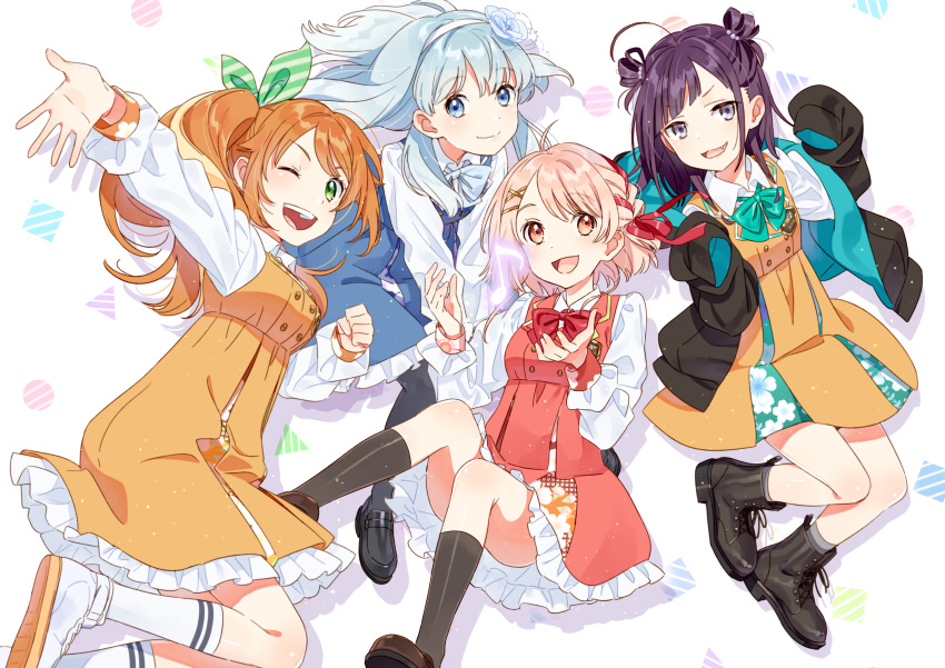 4girls ;d absurdres blonde_hair blue_hair braid commentary_request flower hair_flower hair_ornament hair_ribbon hairclip hanamaru_hareru hanayori_jyoshiryou headband hechima_(issindotai) highres jacket kano_(hanayori_jyoshiryou) kohigashi_hitona looking_at_viewer multiple_girls nonomiya_nonono one_eye_closed open_mouth pink_hair purple_hair red_ribbon ribbon ribbon_braid school_uniform short_hair smile virtual_youtuber