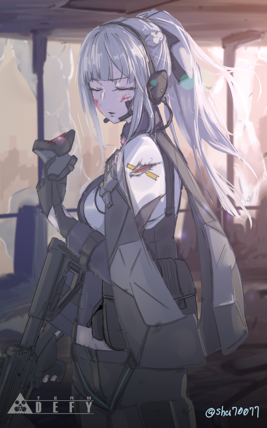 absurdres ak-12 ak-12_(girls'_frontline) assault_rifle black_gloves black_pants blood blood_on_face braid broken_glass closed_eyes female french_braid girls'_frontline glass gloves gun headset high_ponytail highres kalashnikov_rifle long_hair midriff pants partially_fingerless_gloves rifle shu70077 tactical_clothes weapon white_hair window