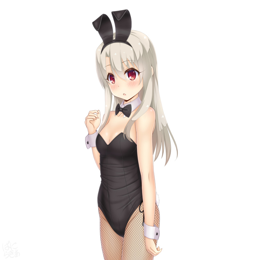 absurdres animal_ears black_bow black_bowtie black_leotard blonde_hair bow bowtie breasts commentary_request cowboy_shot detached_collar fake_animal_ears fate/kaleid_liner_prisma_illya fate_(series) female fishnet_pantyhose fishnets highres illyasviel_von_einzbern leotard long_hair looking_at_viewer pantyhose playboy_bunny rabbit_ears red_eyes sainohikari simple_background small_breasts solo strapless strapless_leotard white_background wrist_cuffs