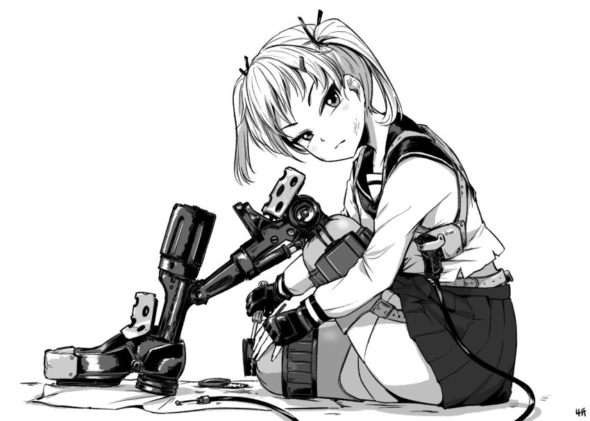 4shi amputee artist_name belt cable closed_mouth commentary_request double_amputee female fingerless_gloves from_side full_body garter_straps gloves greyscale gun hair_ornament hair_ribbon hairclip harness highres holding holding_screwdriver katagiri_rin_(4shi) knee_up loafers long_sleeves looking_at_viewer looking_to_the_side maintenance mechanical_legs monochrome on_ground original pleated_skirt ribbon sailor_collar school_uniform screwdriver serafuku shirt shoes short_hair signature simple_background single_mechanical_leg sitting skirt solo tsurime twintails v-shaped_eyebrows weapon