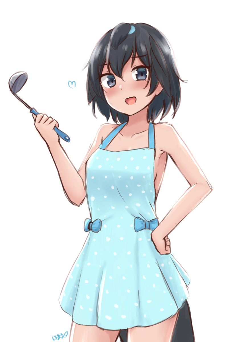 :d absurdres apron bare_arms bare_shoulders black_eyes black_hair blue_apron breasts collarbone commentary cowboy_shot female hair_between_eyes hand_on_own_hip heart highres kemono_friends ladle looking_at_viewer medium_breasts naked_apron open_mouth polka_dot polka_dot_apron shiraha_maru short_hair simple_background smile solo superb_bird-of-paradise_(kemono_friends) tail white_background