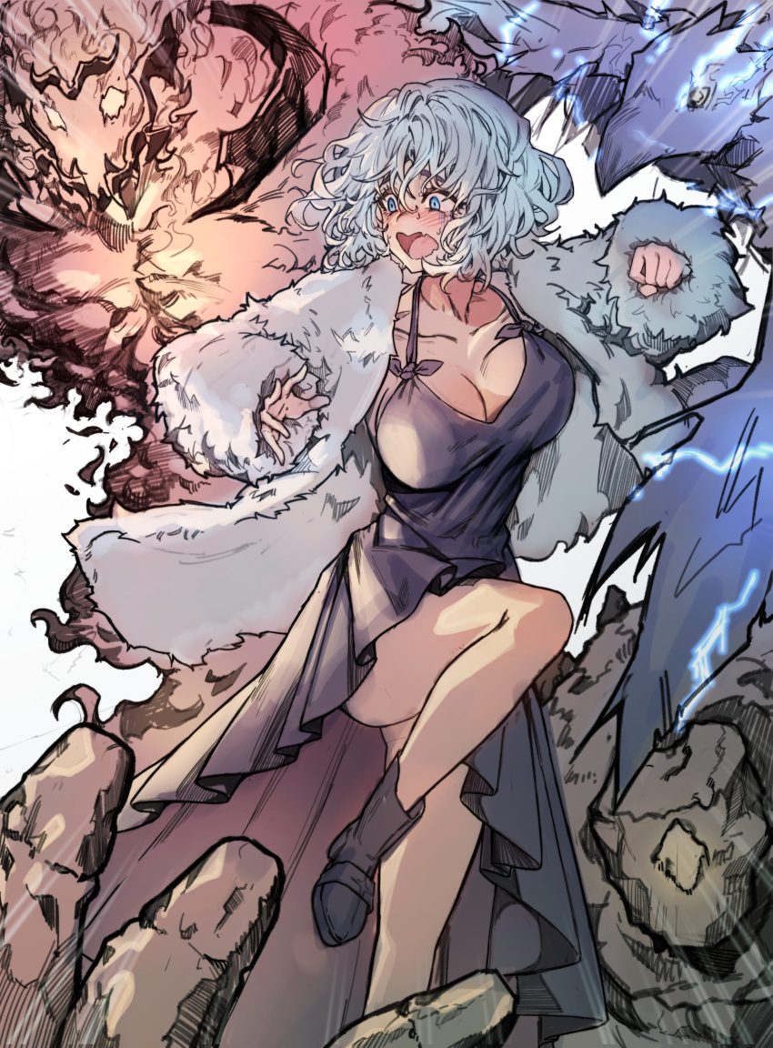 absurdres bare_legs black_dress blue_hair breasts coat collarbone damn_reincarnation dress elemental_(creature) female fire fur_coat gagrim highres large_breasts leg_up lightning long_sleeves looking_to_the_side melkith_el_hayah_(damn_reincarnation) novel_illustration official_art red_footwear short_hair solo sweatdrop white_background