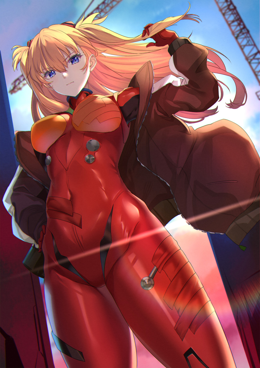 blue_eyes bodysuit breasts closed_mouth commentary covered_navel crane_(machine) day evangelion:_3.0_you_can_(not)_redo female hair_between_eyes highres jacket ldfe_mk2 long_hair long_sleeves looking_at_viewer medium_breasts neon_genesis_evangelion orange_hair outdoors plugsuit rebuild_of_evangelion red_bodysuit solo souryuu_asuka_langley standing