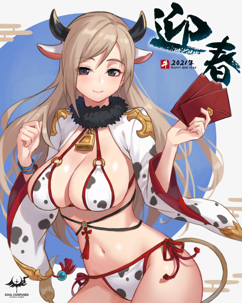 2021 animal_ears animal_print bell bikini black_eyes breasts brown_hair chinese_zodiac cleavage closed_mouth commentary_request contrapposto cow_ears cow_girl cow_horns cow_print cow_print_bikini cow_tail cowbell cowboy_shot egasumi envelope female fur_collar happy_new_year highres holding holding_envelope horns large_breasts long_hair long_sleeves looking_at_viewer navel new_year original print_bikini red_ribbon ribbon shrug_(clothing) side-tie_bikini_bottom smile solo stomach swimsuit tail tassel two-tone_background very_long_hair white_bikini wide_sleeves wolksheep wristband year_of_the_ox