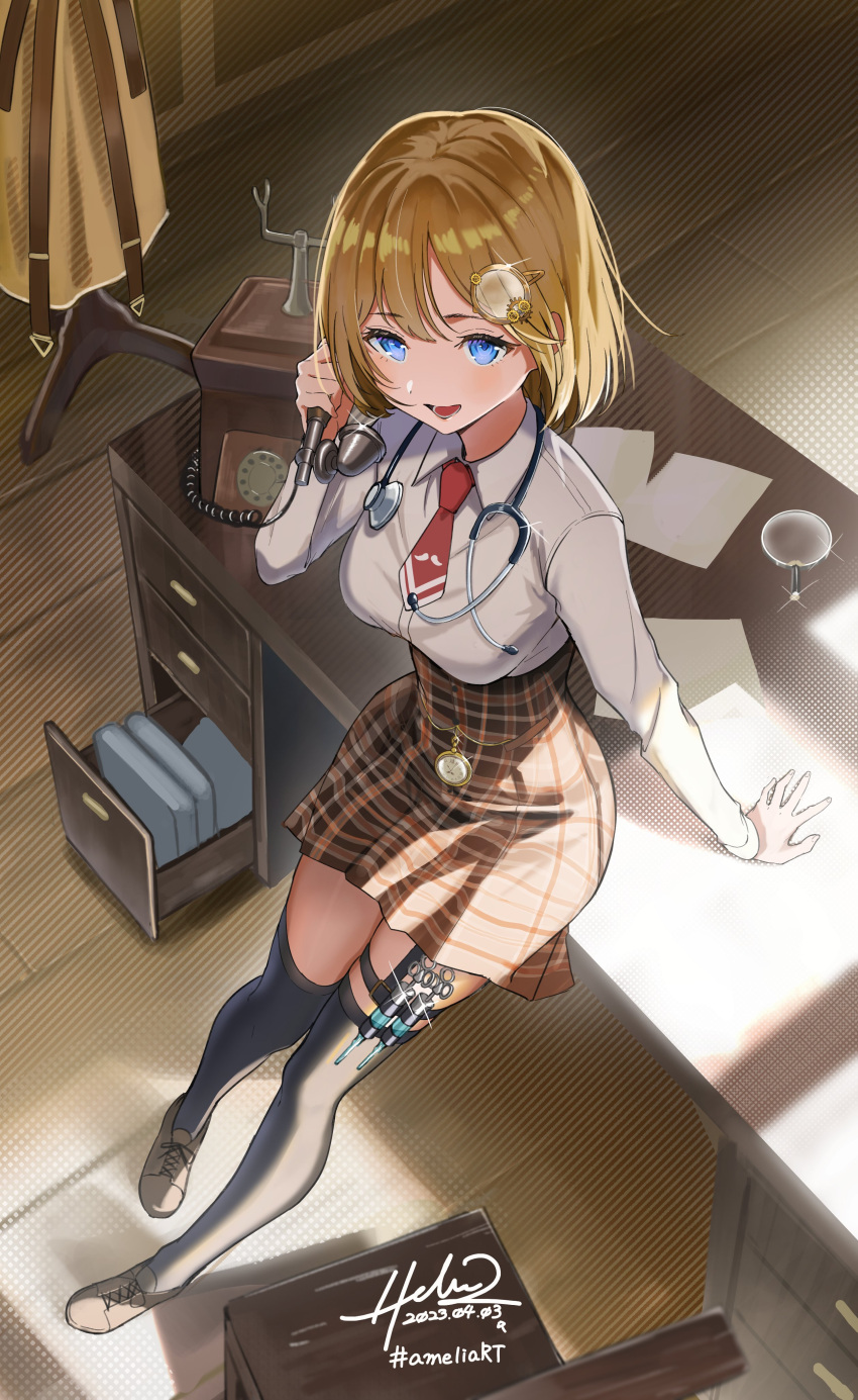 :d absurdres black_thighhighs blonde_hair blue_eyes bob_cut corded_phone desk female from_above hair_ornament high-waist_skirt highres holding holding_phone hololive hololive_english hz_(helu_2) indoors medium_hair necktie phone plaid plaid_skirt pocket_watch red_necktie shirt shoes signature skirt smile solo stethoscope syringe thigh_strap thighhighs virtual_youtuber watch watson_amelia watson_amelia_(1st_costume) white_shirt