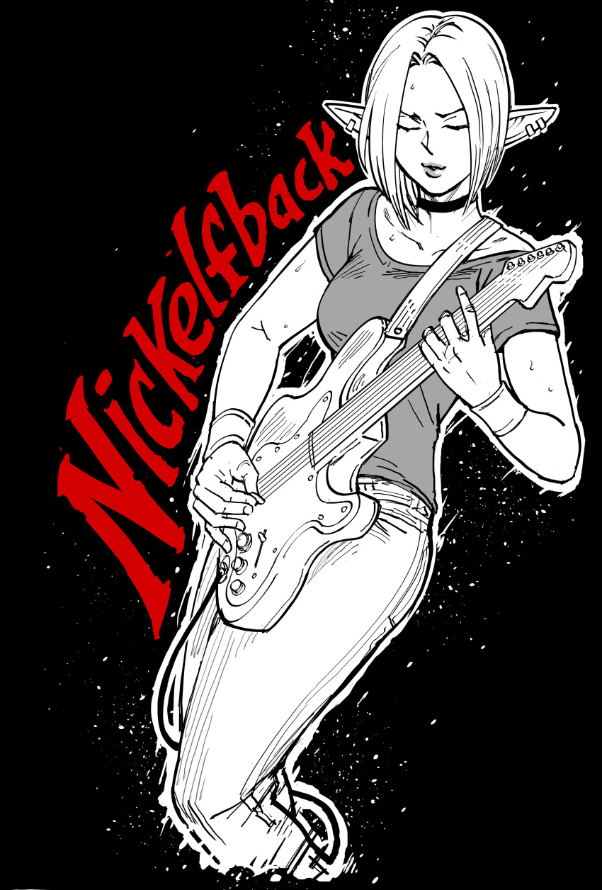 5_fingers absurd_res anthro baalbuddy biped bottomwear closed_eyes clothed clothing elf eyebrows female fingers guitar hair hi_res humanoid humanoid_pointy_ears musical_instrument nickelback not_furry pants playing_guitar playing_music plucked_string_instrument shirt solo string_instrument text topwear