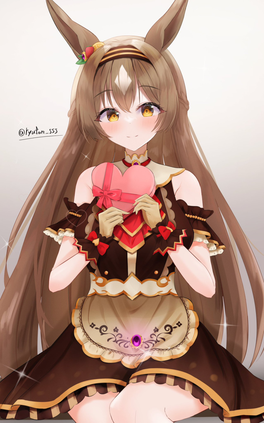 animal_ears bare_shoulders blush box breasts brown_gloves brown_hair closed_mouth commentary_request cosplay dress ear_ornament female frilled_dress frills gem gloves hair_between_eyes hairband heart-shaped_box highres holding holding_box horse_ears horse_girl long_hair looking_at_viewer lryutanl medium_breasts mihono_bourbon_(code:glassage)_(umamusume) mihono_bourbon_(umamusume) mihono_bourbon_(umamusume)_(cosplay) multicolored_hair satono_diamond_(umamusume) sitting smile solo streaked_hair striped_clothes striped_hairband twitter_username umamusume very_long_hair white_hair yellow_eyes