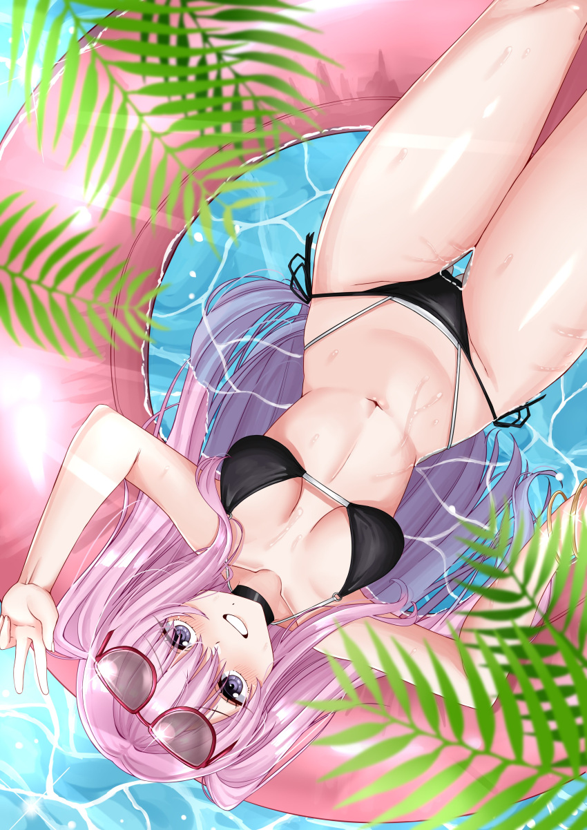 absurdres bikini black_bikini black_choker black_eyes blush breasts choker eyewear_on_head female goddess_of_victory:_nikke hair_between_eyes hair_ribbon halterneck highres innertube long_hair looking_at_viewer pink_hair pink_ribbon ribbon rynn_(darknescorez) side-tie_bikini_bottom small_breasts smile solo string_bikini sunglasses swim_ring swimsuit wet yuni_(nikke)