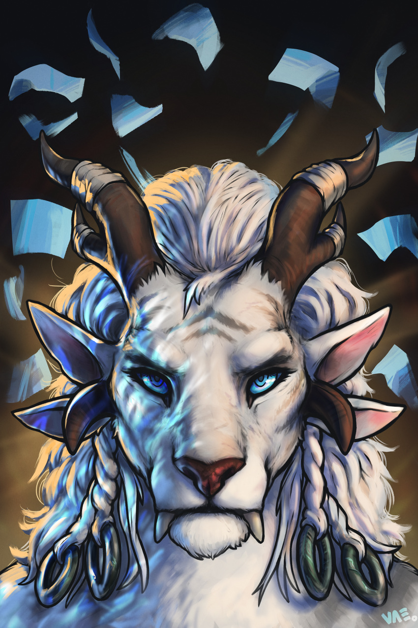 2:3 4_ears 4_horns absurd_res accessory blue_eyes charr eyebrows eyelashes fangs felid fur guild_wars hair hair_accessory hi_res horn looking_at_viewer male mammal multi_ear multi_horn solo teeth vateo white_body white_fur white_hair