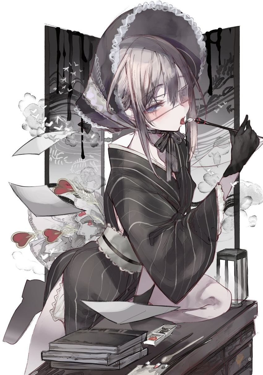 1-gou_(111touban) absurdres black_background blue_eyes bonnet character_request dress female gloves gothic_lolita grey_background grey_hair highres kaiso_ichigenchou_hanafuda lolita_fashion long_hair multicolored_background solo white_background