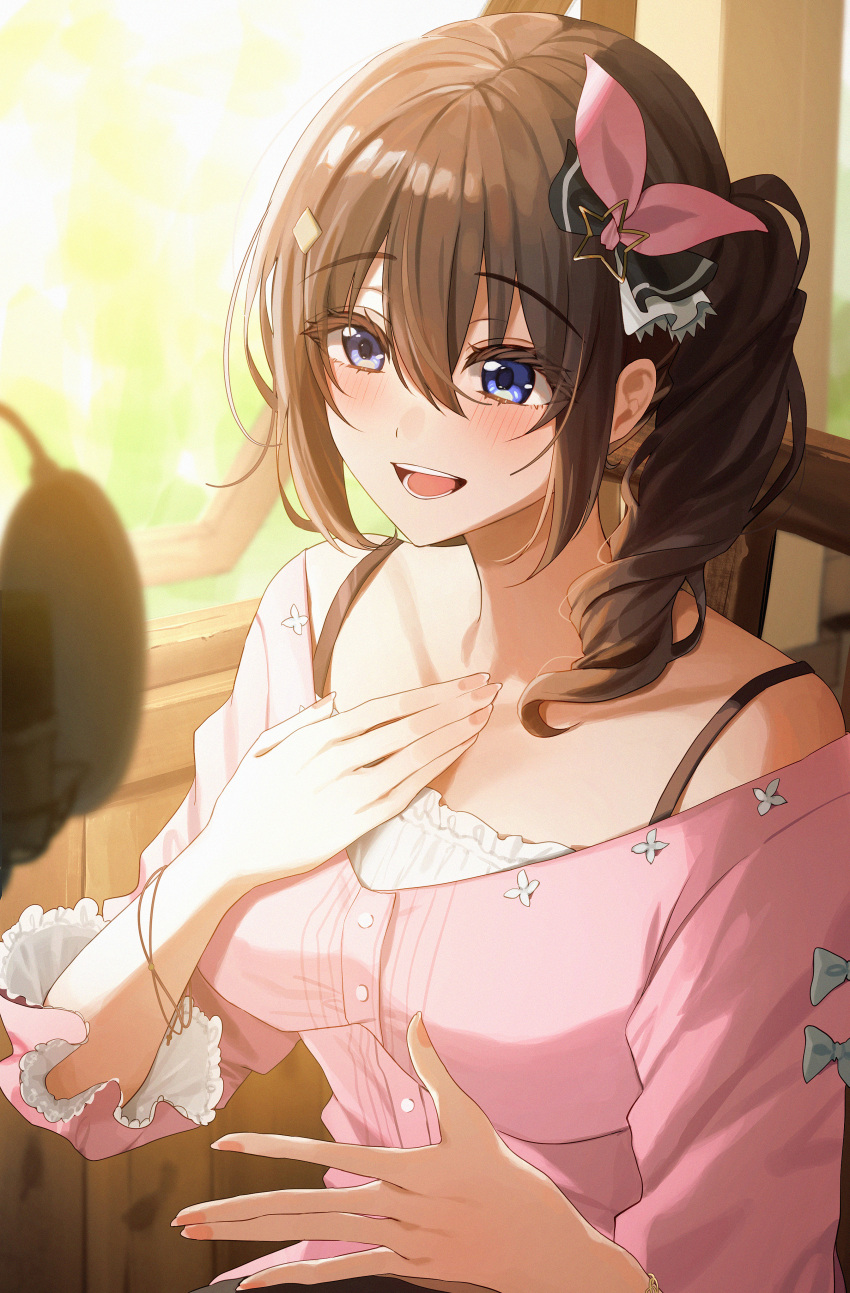 absurdres amyu_(amm_asl_pa) bad_id bad_pixiv_id blue_eyes blurry blurry_background breasts brown_hair chair commentary_request depth_of_field female hair_between_eyes hair_ornament hair_ribbon hairclip hand_on_own_chest highres hololive indoors long_hair medium_breasts microphone nail_polish official_alternate_costume official_alternate_hairstyle open_mouth pink_ribbon pink_shirt ribbon shirt side_ponytail sidelocks sitting smile solo star_(symbol) star_hair_ornament teeth tokino_sora tokino_sora_(casual) upper_body virtual_youtuber wavy_hair window