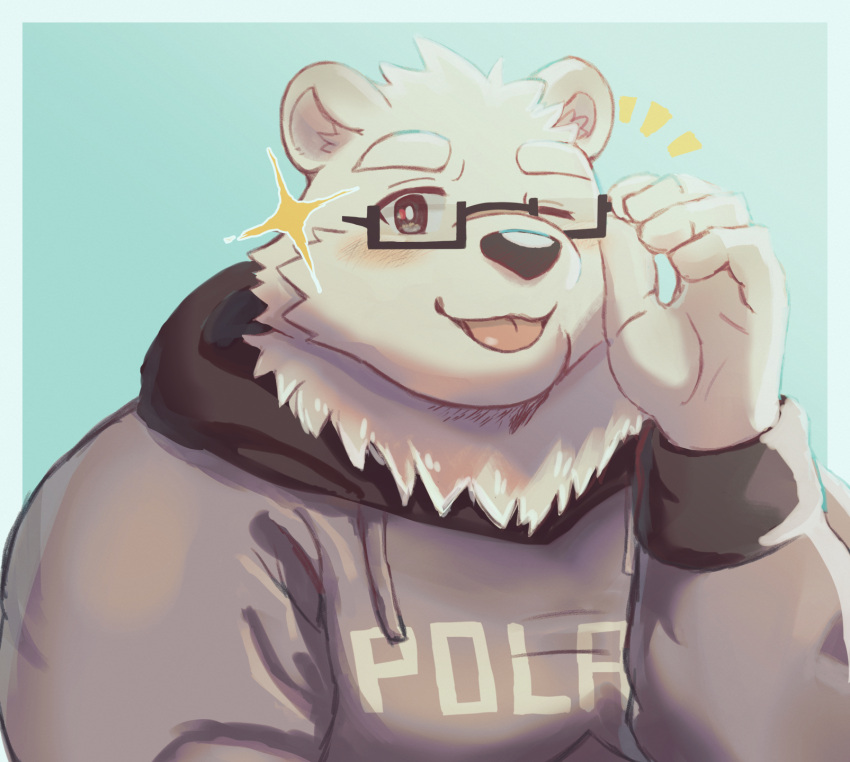 2021 anthro bear blush clothing eyewear fur glasses hi_res hoodie humanoid_hands jugo_kumagai kemono male mammal one_eye_closed polar_bear shimo_kawa simple_background slightly_chubby solo text text_on_clothing text_on_hoodie text_on_topwear tongue tongue_out topwear ursine vtuber white_body white_fur wink