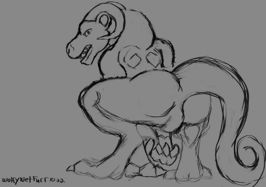 2022 ambiguous_gender ass bulge claws crouching digitigrade gargoyle hi_res horn inktober looking_back monochrome narrowed_eyes nude open_mouth paws solo spread_legs spreading toe_claws weretober wolfywetfurr_(artist)