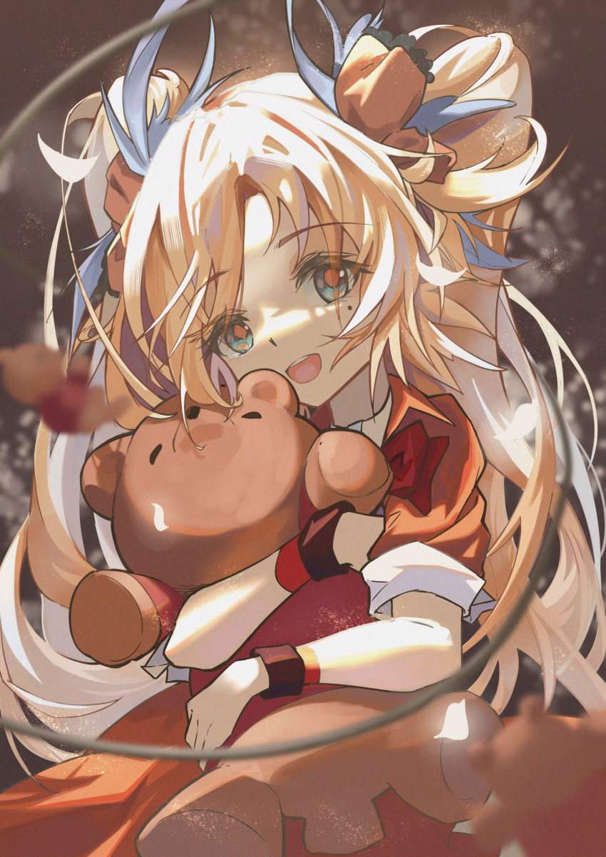 :d absurdres arknights blue_eyes bow chino_(user_zdyd2447) dress female hairbow highres holding holding_stuffed_toy hugging_object long_hair looking_at_viewer mole mole_under_eye open_mouth orange_dress orange_hair pinecone_(arknights) pinecone_(sing_a_song)_(arknights) red_bow short_sleeves smile solo stuffed_toy teeth twintails upper_body upper_teeth_only wristband