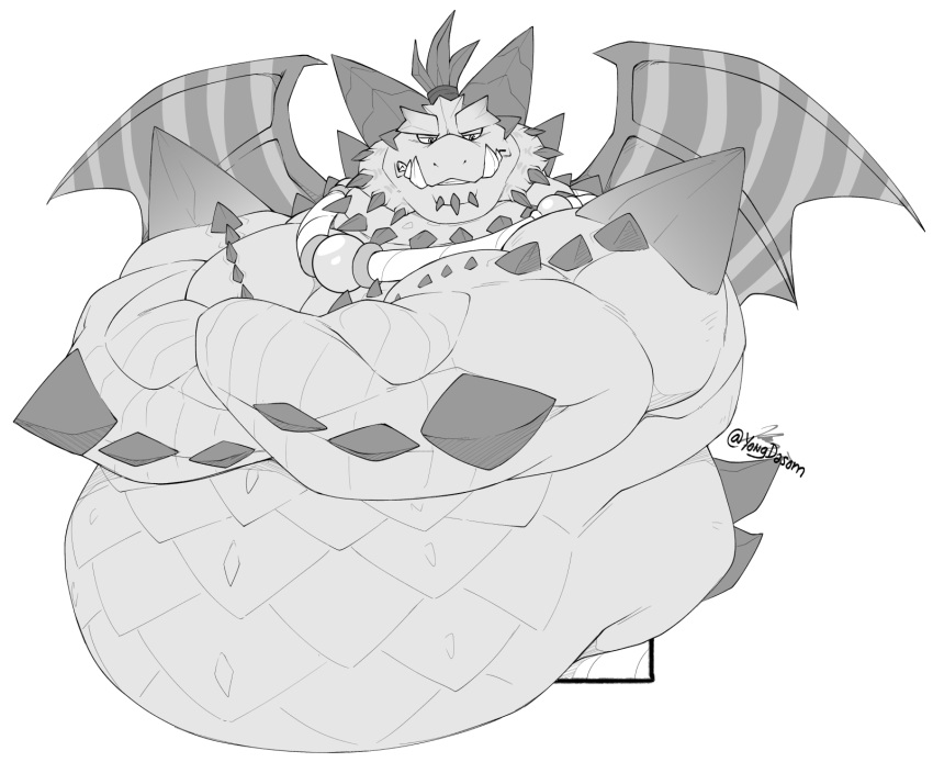 2022 activision anthro belly biceps big_belly collar crossed_arms dragon hi_res horn looking_down magnus_(spyro) male monochrome musclegut muscular muscular_anthro muscular_male mythological_creature mythological_scalie mythology overweight overweight_anthro overweight_male reptile rescued_dragons_(spyro) scalie signature solo spikes spyro_reignited_trilogy spyro_the_dragon teeth tusks wings yongdasom