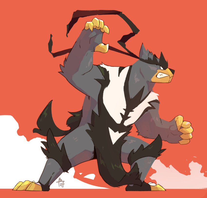 bear borkthunder claws clenched_teeth commentary english_commentary fighting_stance full_body highres no_humans orange_background pokemon pokemon_(creature) signature simple_background solo standing teeth urshifu urshifu_(single)