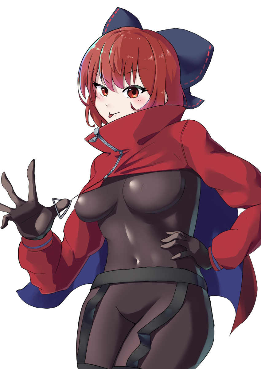 :p absurdres adapted_costume alternate_costume black_bodysuit black_gloves bodysuit breasts cape capelet catsuit cloak covered_navel female gloves highres long_sleeves medium_breasts nisikan0724 puffy_sleeves red_cape red_cloak red_eyes red_hair ribbon-trimmed_bow rock_'n'_rock_'n'_beat sekibanki short_hair skin_tight solo tongue tongue_out touhou two-sided_cape two-sided_fabric two-tone_cape zipper