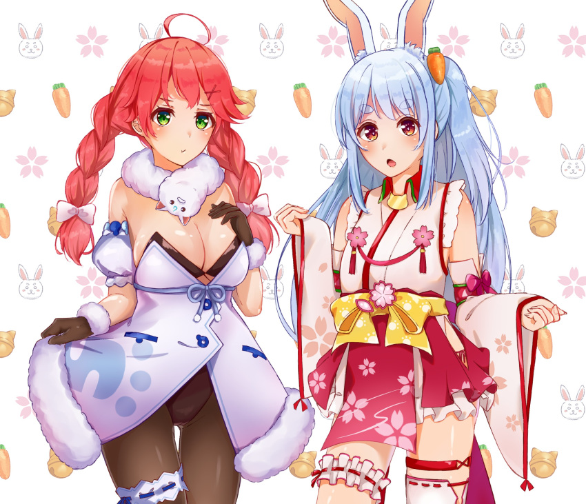 2girls 35p_(sakura_miko) absurdres ahoge alternate_hairstyle animal_ears bad_id bad_twitter_id braid breasts bridal_garter carrot_hair_ornament cherry_blossom_print cleavage clothing_cutout commentary_request cosplay costume_switch detached_sleeves floral_print food-themed_hair_ornament green_eyes hair_ornament hairclip highres hinano_hiyoko hololive large_breasts light_purple_hair long_hair looking_at_viewer multiple_girls open_mouth pink_eyes pink_hair rabbit_ears sakura_miko sakura_miko_(1st_costume) sakura_miko_(cosplay) side_cutout twin_braids usada_pekora usada_pekora_(1st_costume) usada_pekora_(cosplay) virtual_youtuber x_hair_ornament