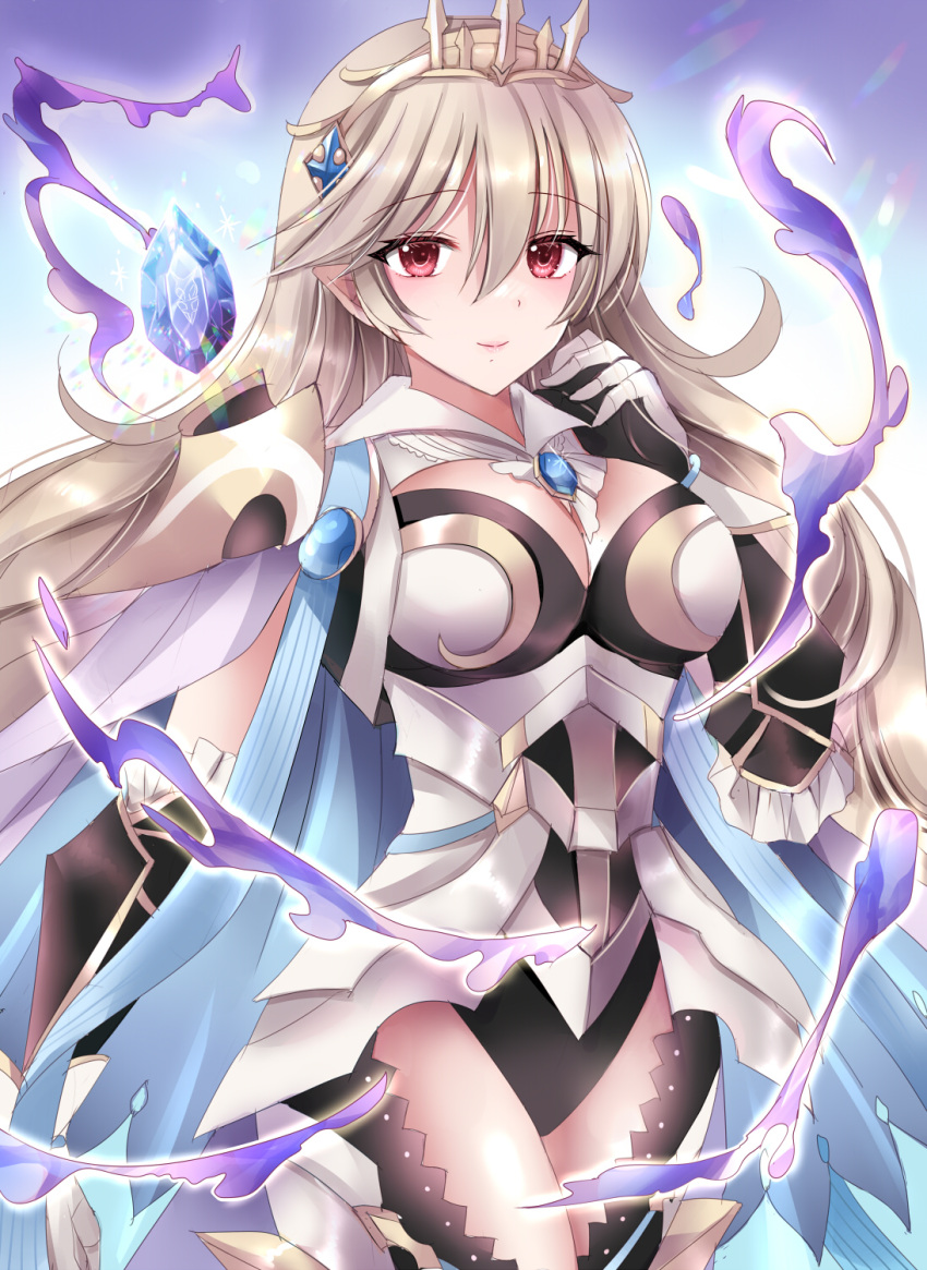 armor armored_leotard black_leotard breasts cape cleavage commentary_request corrin_(female)_(fire_emblem) corrin_(female)_(silent_bloodline)_(fire_emblem) corrin_(fire_emblem) crown dragonstone female fire_emblem fire_emblem_fates fire_emblem_heroes floating floating_object highres kirishima_riona lace_thighhighs leotard long_hair looking_at_viewer medium_breasts official_alternate_costume pointy_ears red_eyes shoulder_armor smile white_hair